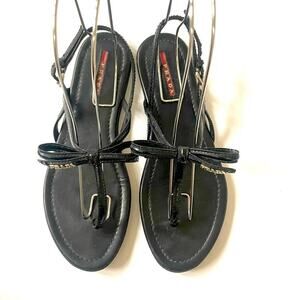 Prada Black Patent leather bow tie logo embellished T strap flat sandals EU 39.5